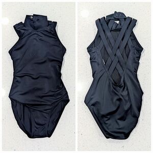 BEAUTIFUL Balera Gymnastics Dance Leotard IC Small Solid Black Strappy SWOOPBACK